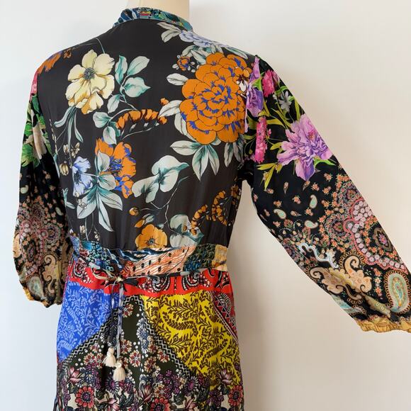 Johnny Was Silk Tibby Jaime 3/4 Sleeve Tiered Maxi Dress Multicolor Patchwork XS - Picture 11 of 15